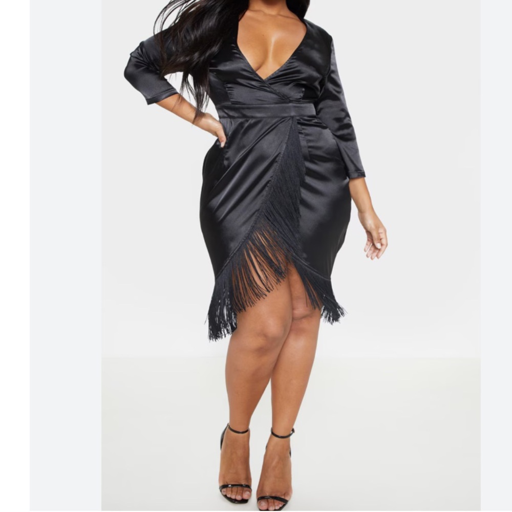 PrettyLittle Thing | Black Satin Wrap Tassel Hm Midi Dress